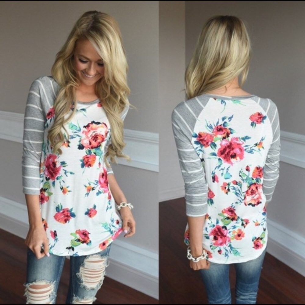 New women’s 3/4 striped sleeve floral T-shirt top